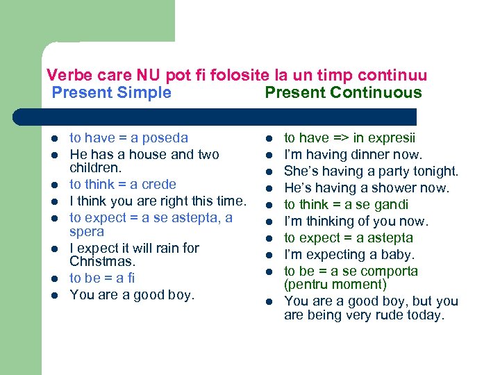 Verbe care NU pot fi folosite la un timp continuu Present Simple Present Continuous