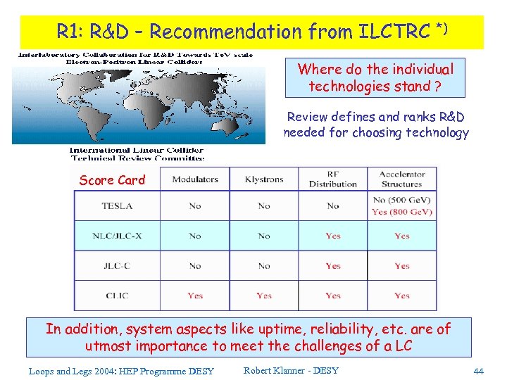 R 1: R&D – Recommendation from ILCTRC *) Where do the individual technologies stand