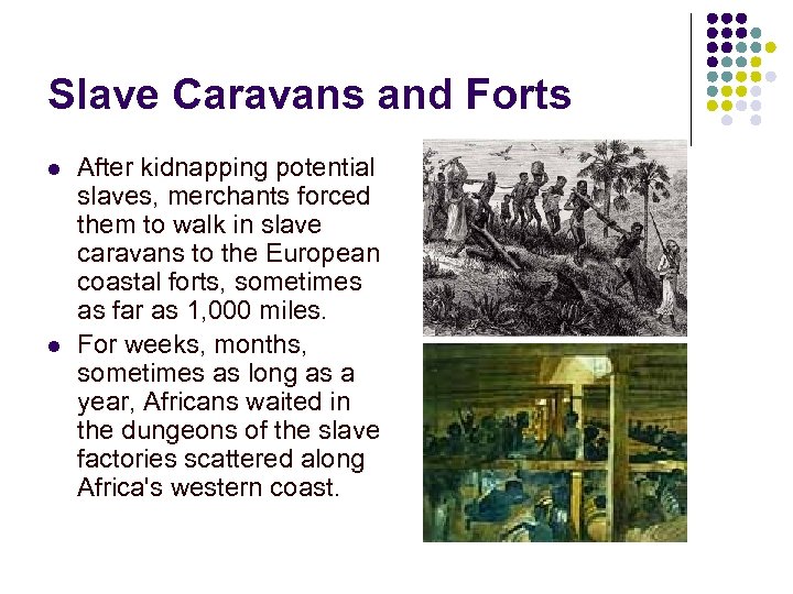 Slave Caravans and Forts l l After kidnapping potential slaves, merchants forced them to