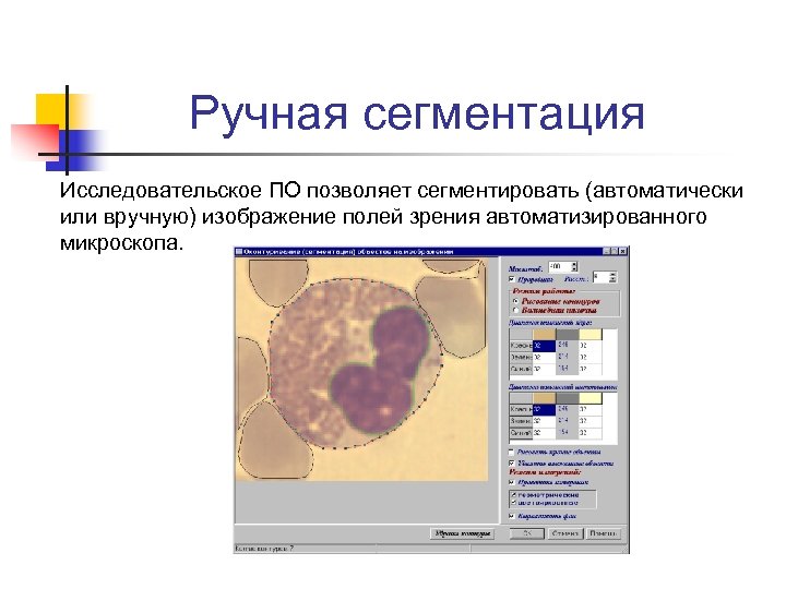 Ручная сегментация Исследовательское ПО позволяет сегментировать (автоматически или вручную) изображение полей зрения автоматизированного микроскопа.