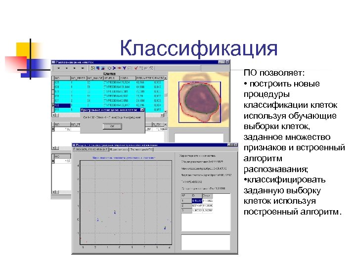 Классификация ПО позволяет: • построить новые процедуры классификации клеток используя обучающие выборки клеток, заданное