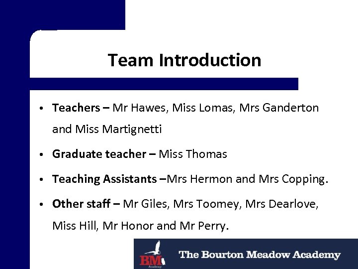 Team Introduction Teachers – Mr Hawes, Miss Lomas, Mrs Ganderton and Miss Martignetti Graduate
