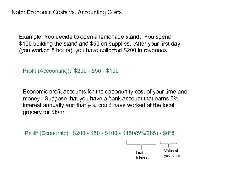 Note: Economic Costs vs. Accounting Costs Example: You decide to open a lemonade stand.