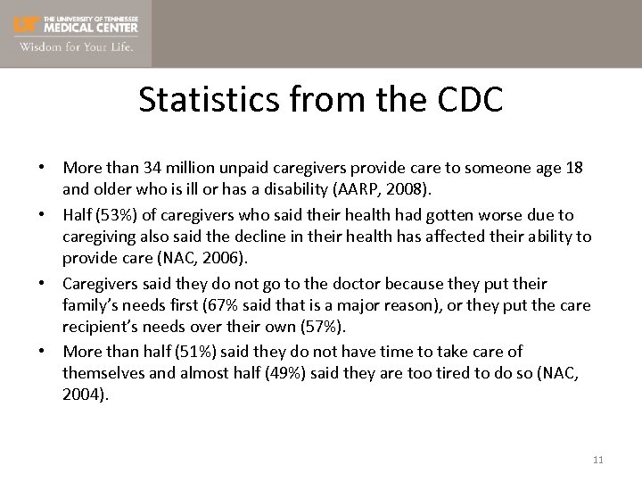 Statistics from the CDC • More than 34 million unpaid caregivers provide care to