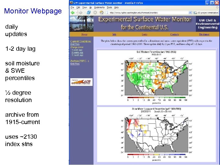 Monitor Webpage daily updates 1 -2 day lag soil moisture & SWE percentiles ½