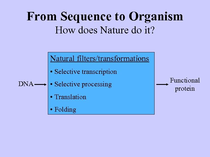 From Sequence to Organism How does Nature do it? Natural filters/transformations • Selective transcription
