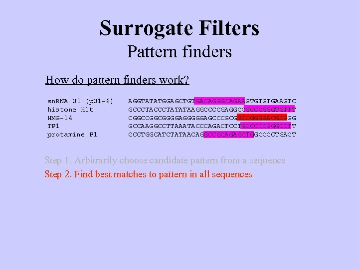 Surrogate Filters Pattern finders How do pattern finders work? sn. RNA U 1 (p.