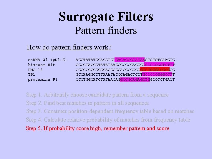 Surrogate Filters Pattern finders How do pattern finders work? sn. RNA U 1 (p.