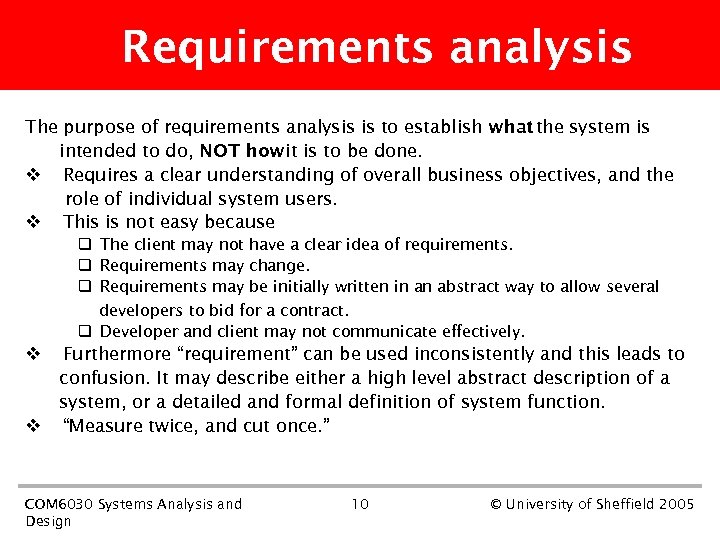 Requirements analysis The purpose of requirements analysis is to establish what the system is