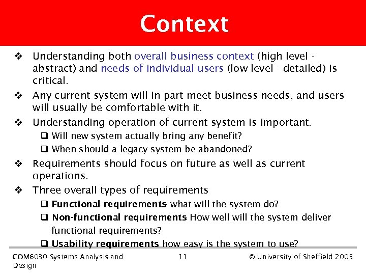 Context v Understanding both overall business context (high level abstract) and needs of individual