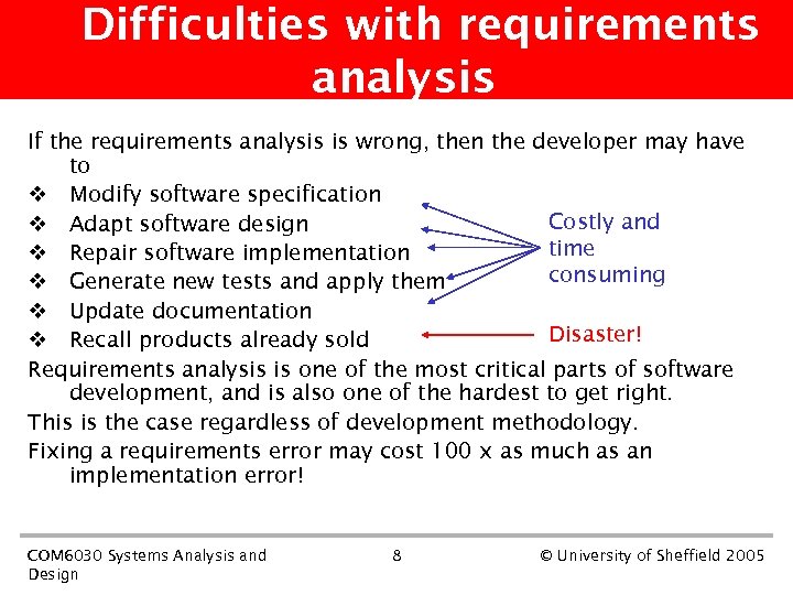 Difficulties with requirements analysis If the requirements analysis is wrong, then the developer may