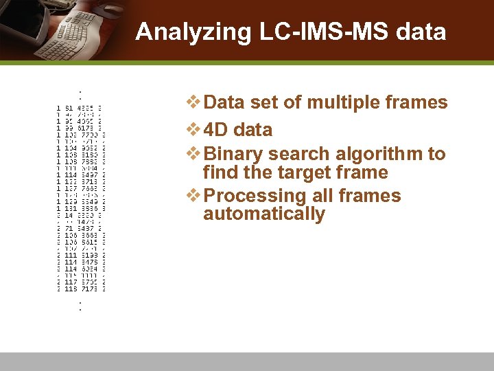 Analyzing LC-IMS-MS data : : v Data set of multiple frames v 4 D