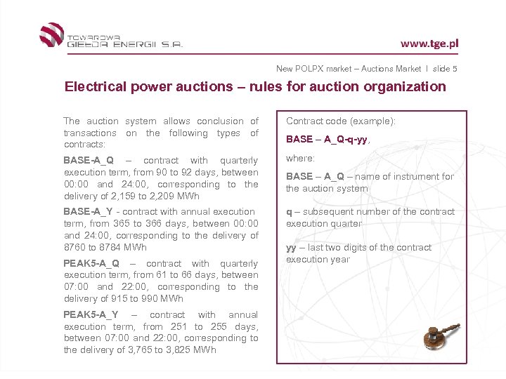 New POLPX market – Auctions Market I slide 5 Electrical power auctions – rules