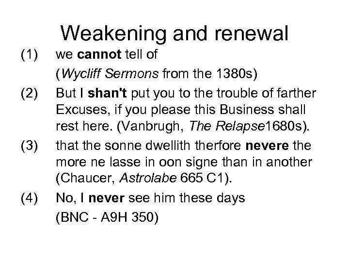 Weakening and renewal (1) (2) (3) (4) we cannot tell of (Wycliff Sermons from