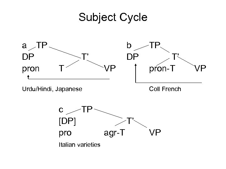 Subject Cycle a TP DP pron b DP T’ T VP Urdu/Hindi, Japanese c