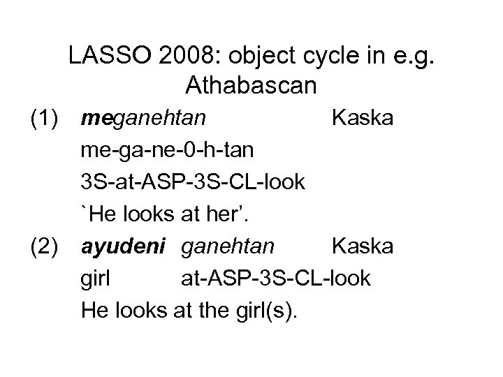 LASSO 2008: object cycle in e. g. Athabascan (1) (2) meganehtan Kaska me-ga-ne-0 -h-tan