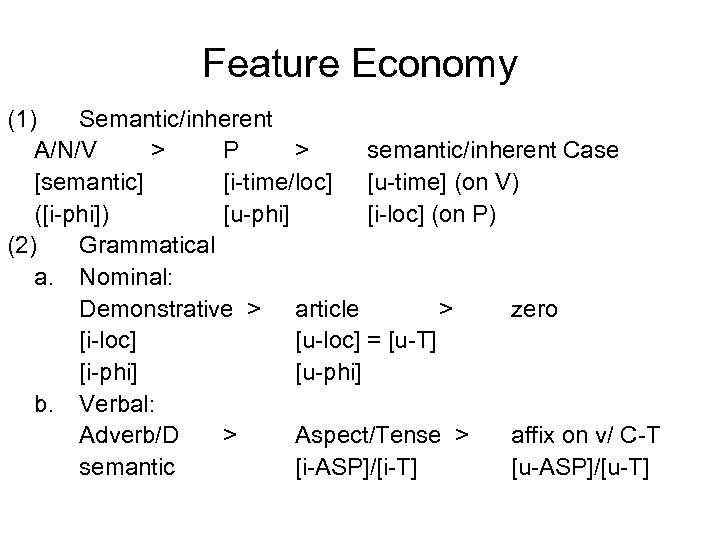 Feature Economy (1) Semantic/inherent A/N/V > P > semantic/inherent Case [semantic] [i-time/loc] [u-time] (on