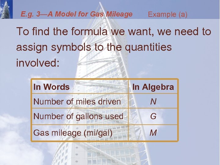 E. g. 3—A Model for Gas Mileage Example (a) To find the formula we