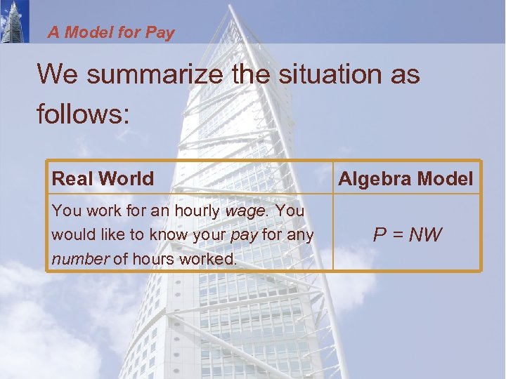 A Model for Pay We summarize the situation as follows: Real World You work
