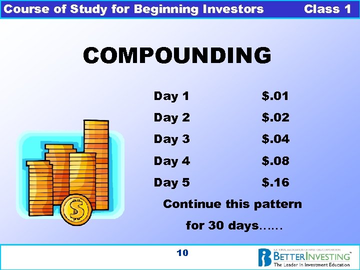 Course of Study for Beginning Investors COMPOUNDING Day 1 $. 01 Day 2 $.