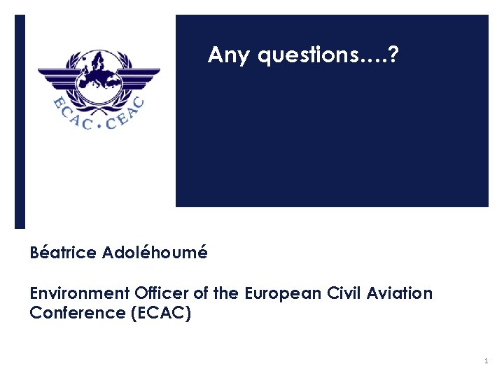 Any questions…. ? Béatrice Adoléhoumé Environment Officer of the European Civil Aviation Conference (ECAC)