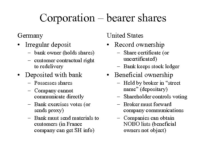 Corporation – bearer shares Germany • Irregular deposit – bank owner (holds shares) –