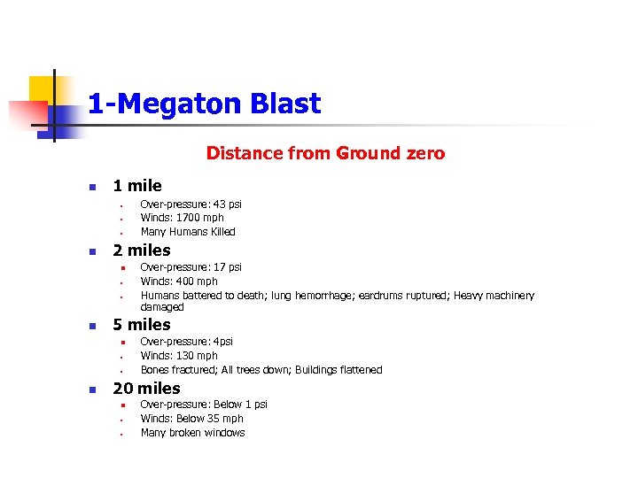 1 -Megaton Blast Distance from Ground zero n 1 mile • • • n