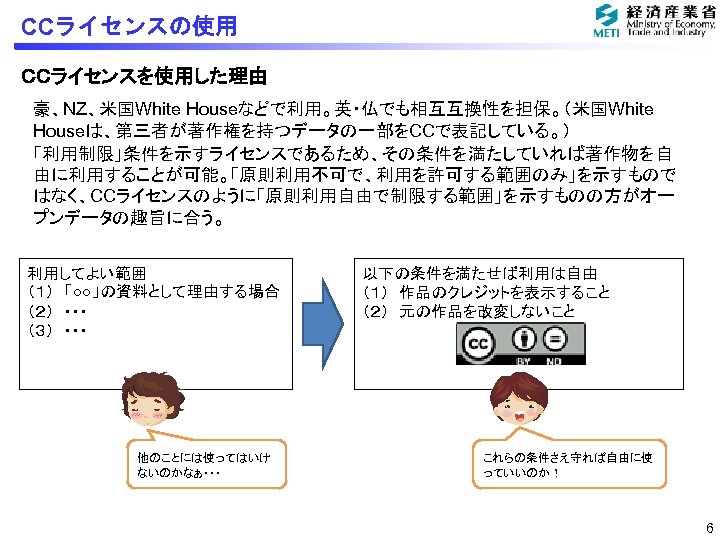 CCライセンスの使用 ＣＣライセンスを使用した理由 豪、NZ、米国White Houseなどで利用。英・仏でも相互互換性を担保。（米国White Houseは、第三者が著作権を持つデータの一部をCCで表記している。） 「利用制限」条件を示すライセンスであるため、その条件を満たしていれば著作物を自 由に利用することが可能。「原則利用不可で、利用を許可する範囲のみ」を示すもので はなく、CCライセンスのように「原則利用自由で制限する範囲」を示すものの方がオー プンデータの趣旨に合う。 利用してよい範囲 （１）　「○○」の資料として理由する場合 （２）　・・・ （３）　・・・ 他のことには使ってはいけ