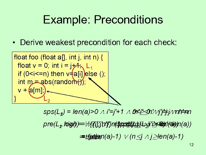 Example: Preconditions • Derive weakest precondition for each check: float foo (float a[], int