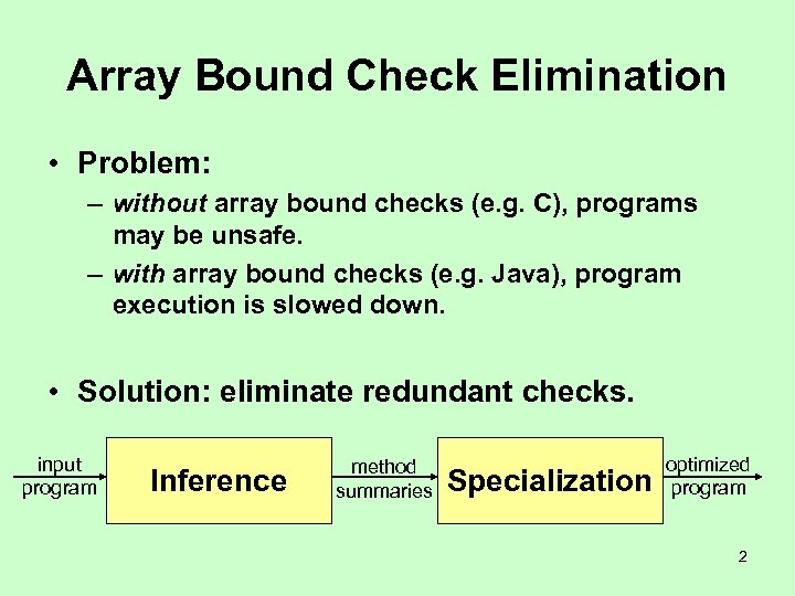 Array Bound Check Elimination • Problem: – without array bound checks (e. g. C),