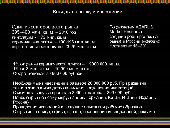 Выводы по рынку и инвестиции Один из секторов всего рынка. 395– 400 млн. кв.