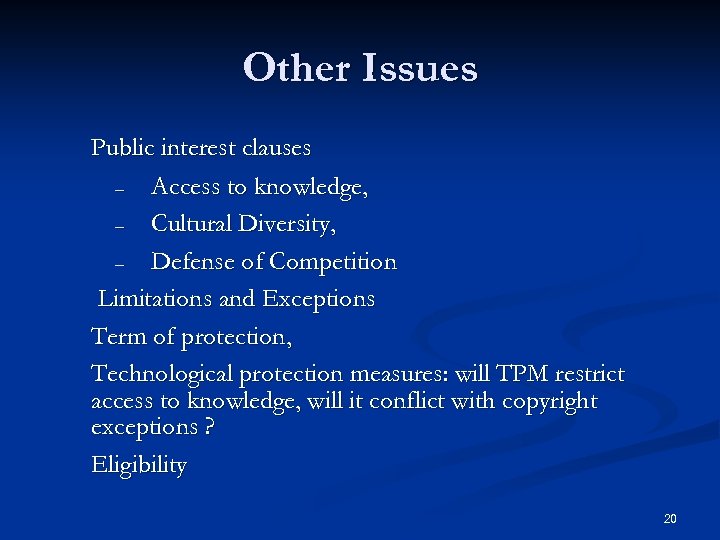 Other Issues Public interest clauses – Access to knowledge, – Cultural Diversity, – Defense