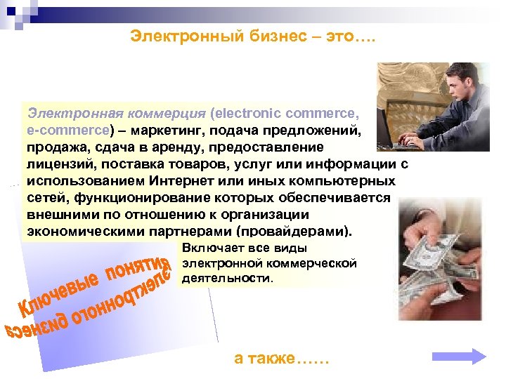 Электронный бизнес – это…. Электронная коммерция (electronic commerce, e-commerce) – маркетинг, подача предложений, продажа,