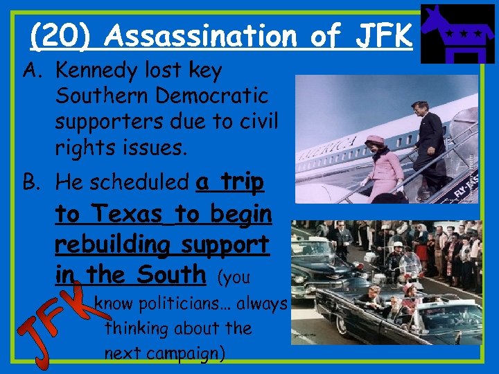 (20) Assassination of JFK A. Kennedy lost key Southern Democratic supporters due to civil