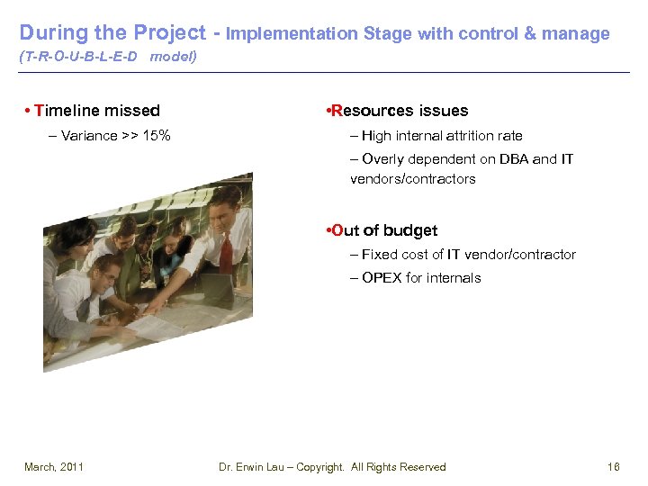 During the Project - Implementation Stage with control & manage (T-R-O-U-B-L-E-D model) • Timeline