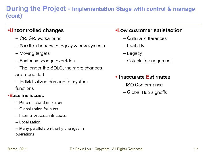 During the Project - Implementation Stage with control & manage (cont) • Uncontrolled changes