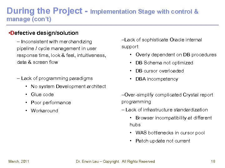 During the Project - Implementation Stage with control & manage (con’t) • Defective design/solution
