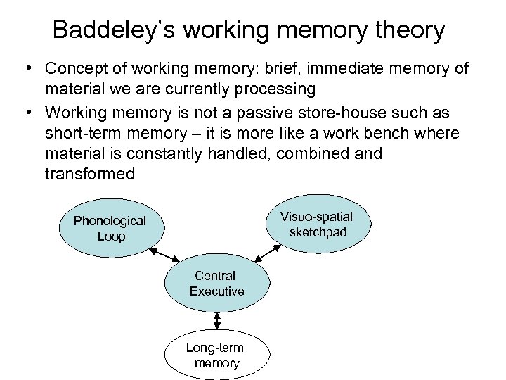 Baddeley’s working memory theory • Concept of working memory: brief, immediate memory of material