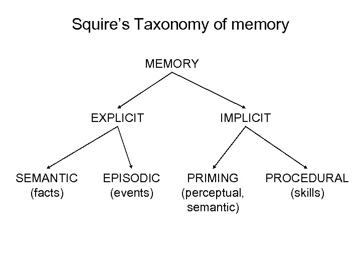 Squire’s Taxonomy of memory MEMORY EXPLICIT SEMANTIC (facts) EPISODIC (events) IMPLICIT PRIMING (perceptual, semantic)