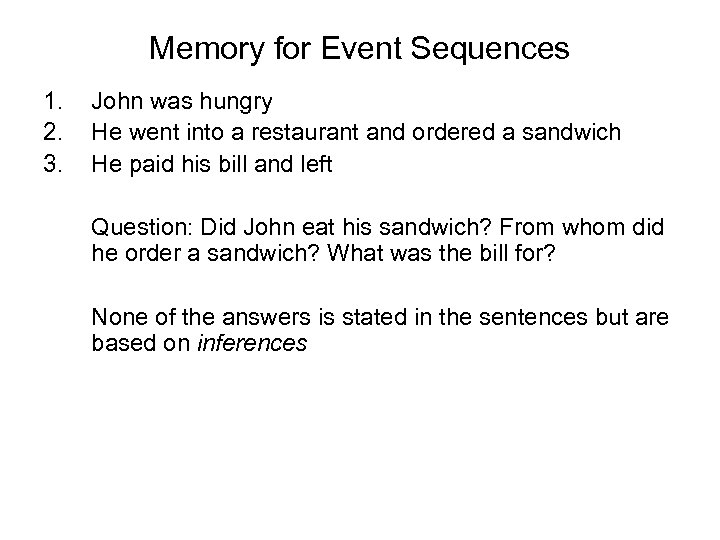 Memory for Event Sequences 1. 2. 3. John was hungry He went into a