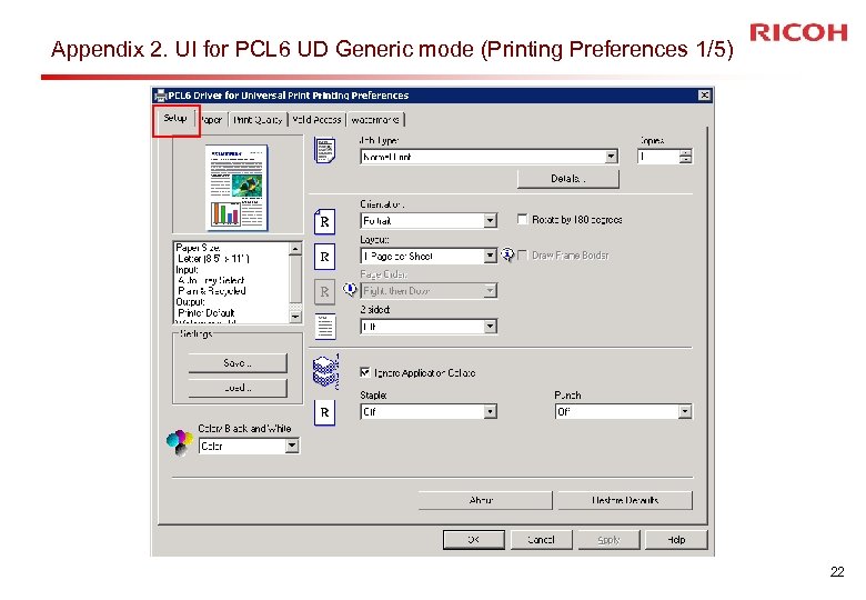 Appendix 2. UI for PCL 6 UD Generic mode (Printing Preferences 1/5) 22 