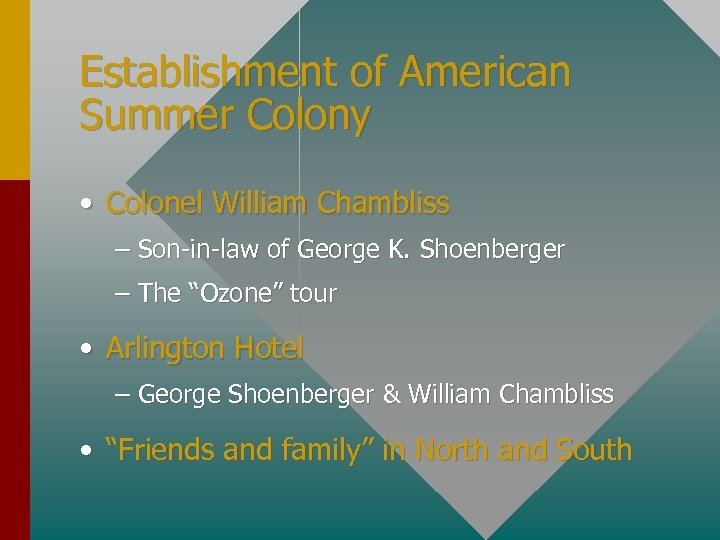 Establishment of American Summer Colony • Colonel William Chambliss – Son-in-law of George K.