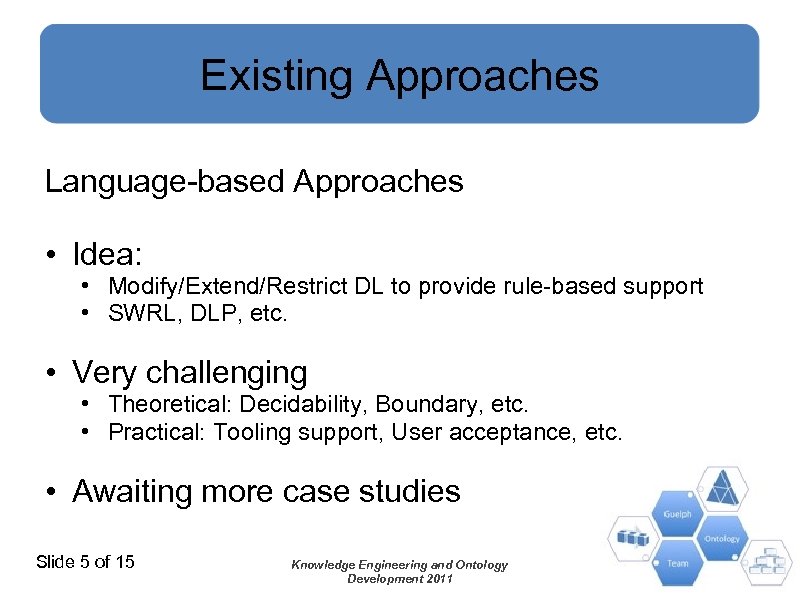Existing Approaches Language-based Approaches • Idea: • Modify/Extend/Restrict DL to provide rule-based support •