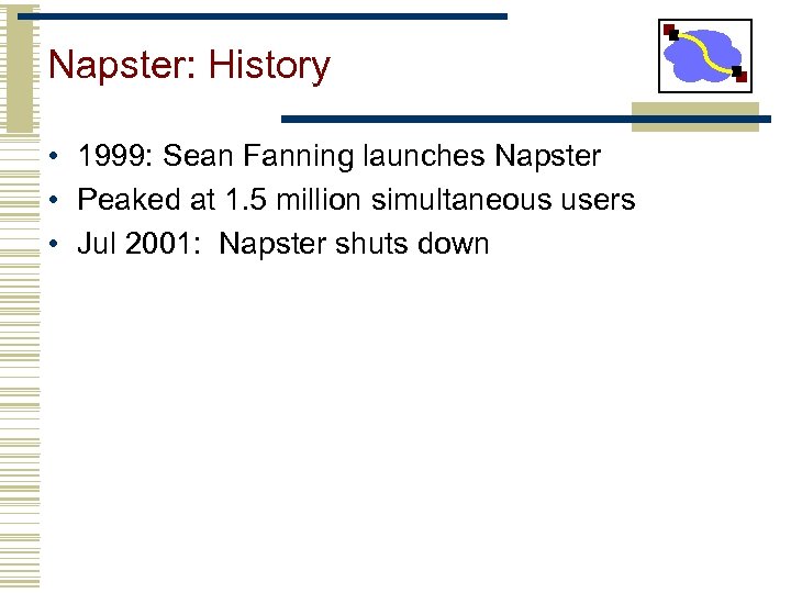 Napster: History • 1999: Sean Fanning launches Napster • Peaked at 1. 5 million
