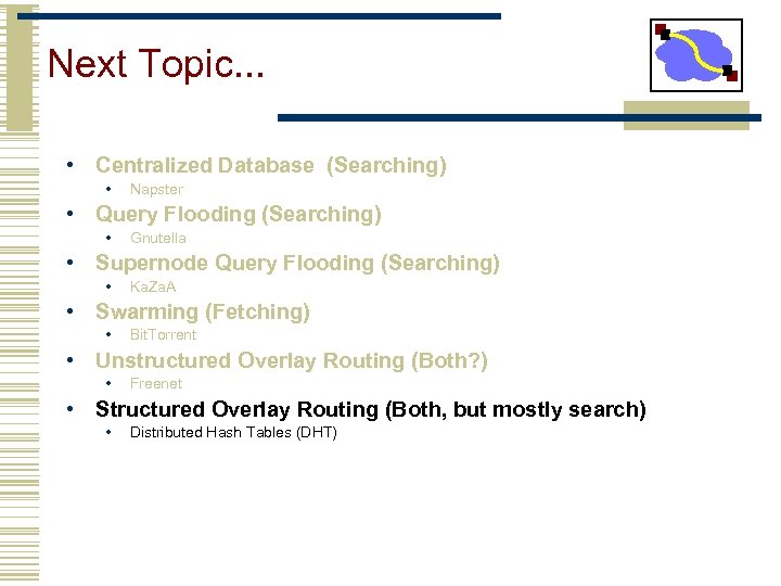 Next Topic. . . • Centralized Database (Searching) • Napster • Query Flooding (Searching)