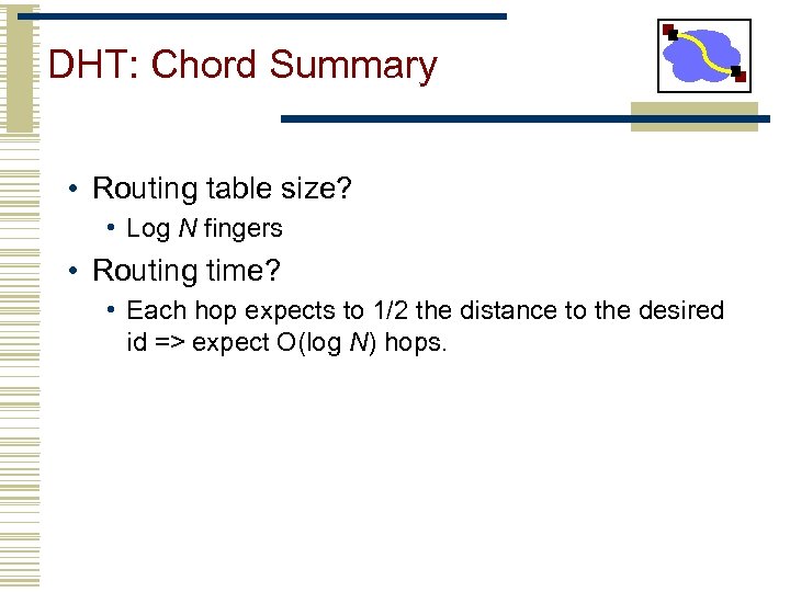 DHT: Chord Summary • Routing table size? • Log N fingers • Routing time?