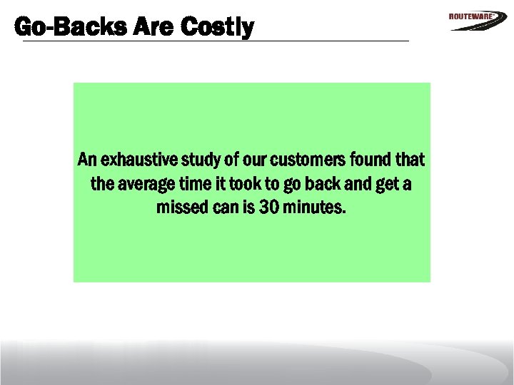 Go-Backs Are Costly An exhaustive study of our customers found that the average time