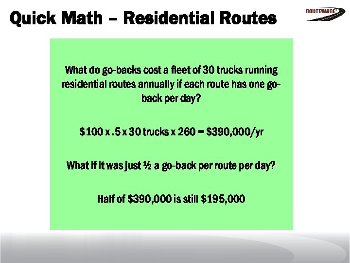 Quick Math – Residential Routes What do go-backs cost a fleet of 30 trucks