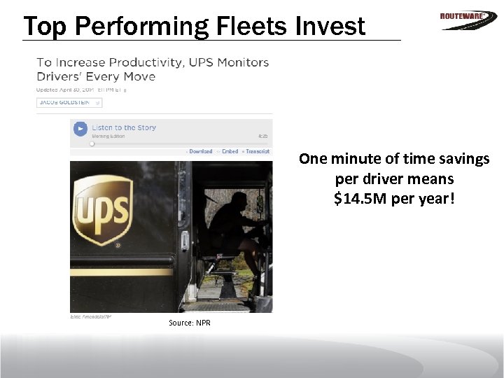 Top Performing Fleets Invest One minute of time savings per driver means $14. 5