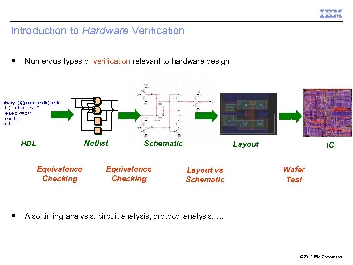 Introduction to Hardware Verification § Numerous types of verification relevant to hardware design always